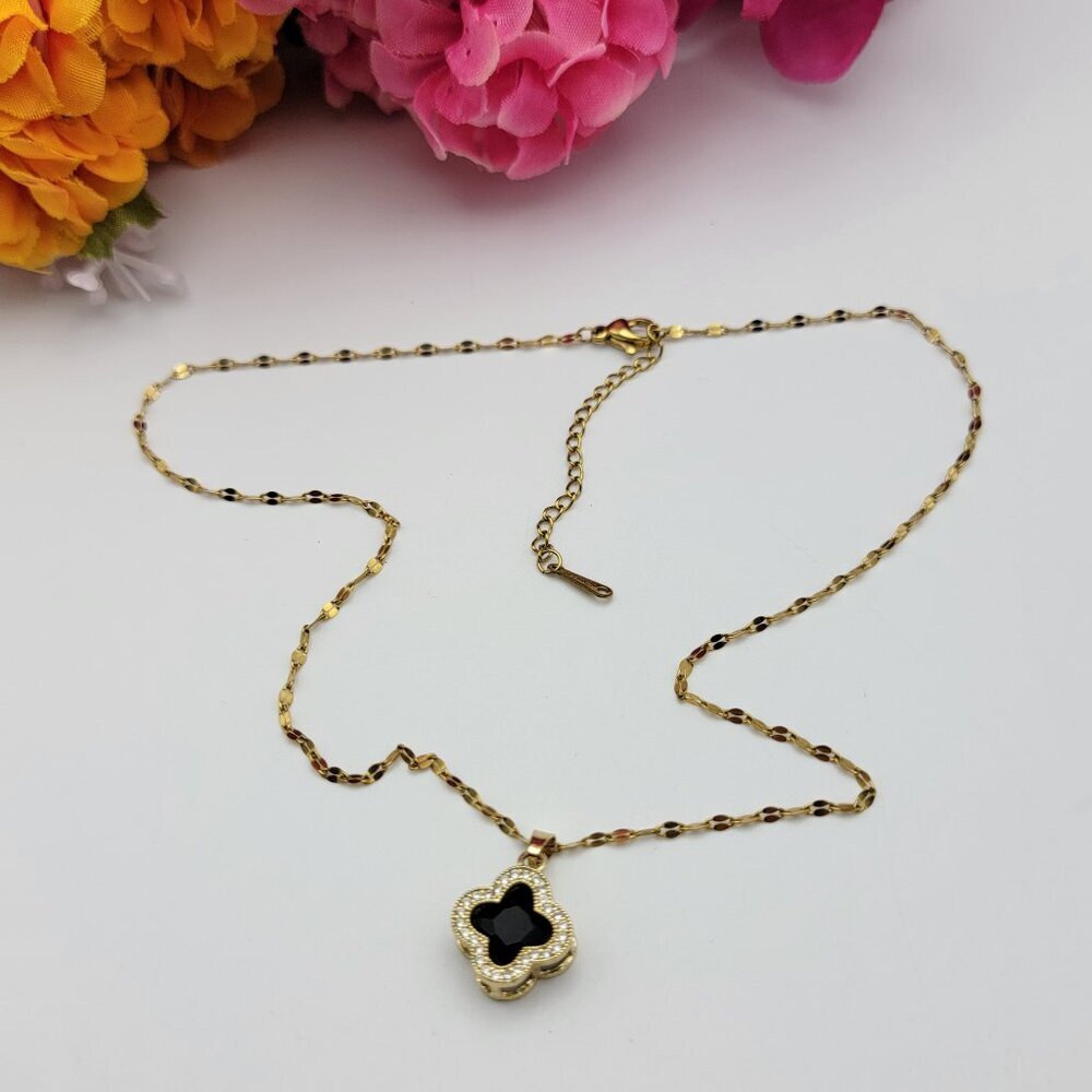 Gold Tone Stainless Steel Black And Clear Rhinestone Pendant Necklace 18" Adj.